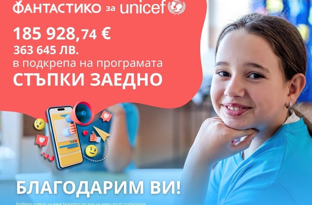 С дарение от близо 185 929 евро или 363 645 лева клиентите на „Фантастико“ подкрепиха програма на УНИЦЕФ България