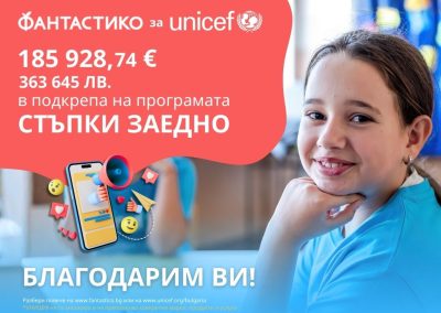С дарение от близо 185 929 евро или 363 645 лева клиентите на „Фантастико“ подкрепиха програма на УНИЦЕФ България